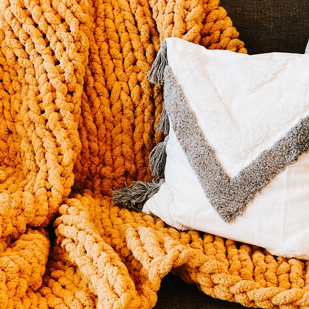 Here is the chunky blanket in mustard.